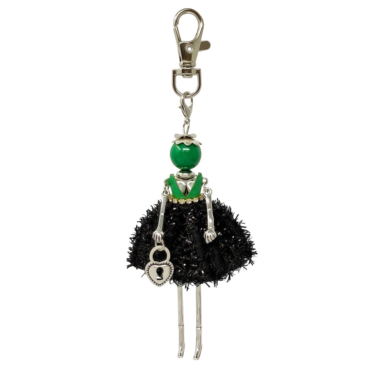 Wrapables Hanging Fashionista Doll Keychain, Crystal Rhinestone Keyring Bag Charm, Festive Green